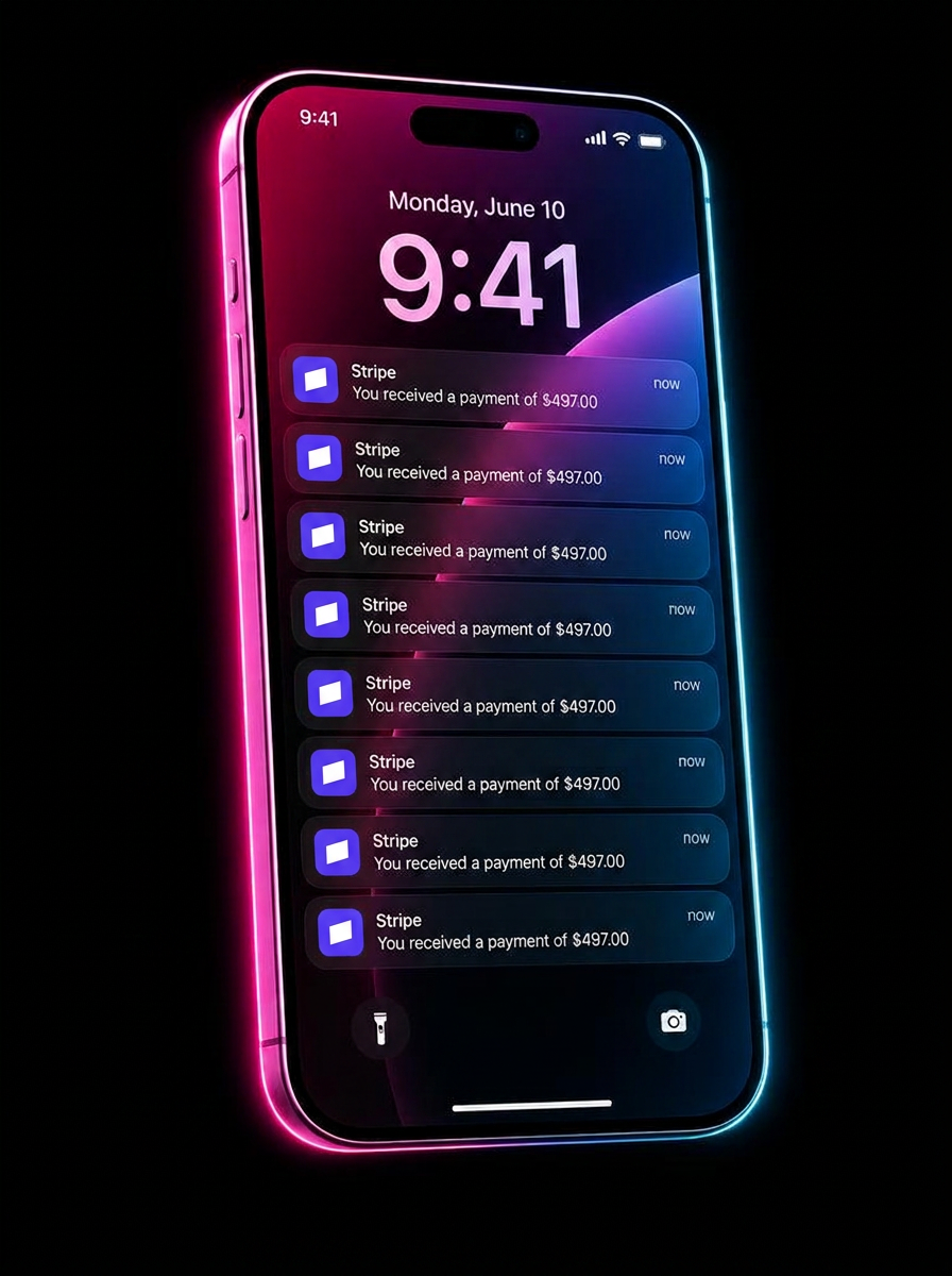 Phone screen full of $497 payment notifications from live sales